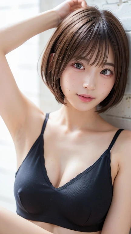 (Bob Cut Hair:1.2),(Wearing a tank top:1.2),1 person,Japanese,21 years old,(Small breasts:1.3),(Highest quality,masterpiece:1.3,Ultra-high resolution,),(Very detailedな,Caustics),(Realistic:1.4,RAW shooting,)Ultra-Realistic Capture,Very detailed,High resolution 16K human skin closeup。 Natural skin texture、,pores、、It needs to be detailed enough to be easily identifiable。 Skin tone is even and healthy looking。 Use natural light and color, Happy expression, Looking into the camera, Perfect dynamic composition, Outdoor、Cleavage、sheer、Earrings、Leaning against the wall、Raise your hand、Armpits、freckles、(Round Glasses)、Tying up hair