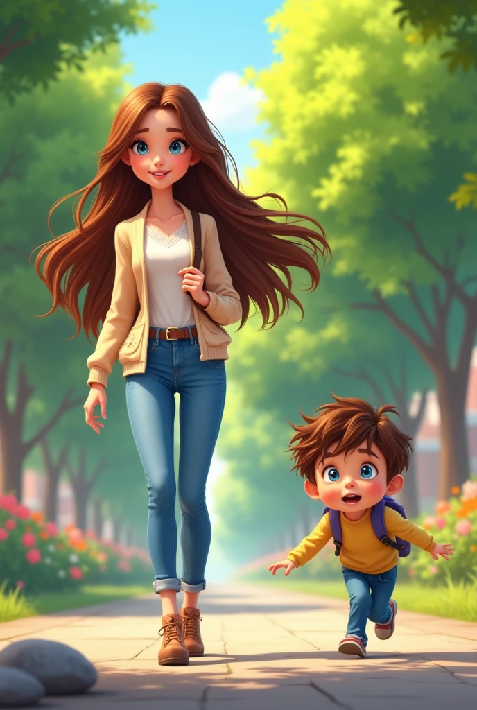 draw me a very beautiful girl walking to school, while another boy watches her admiringly as he trips over a stone. animated illustration style drawing.