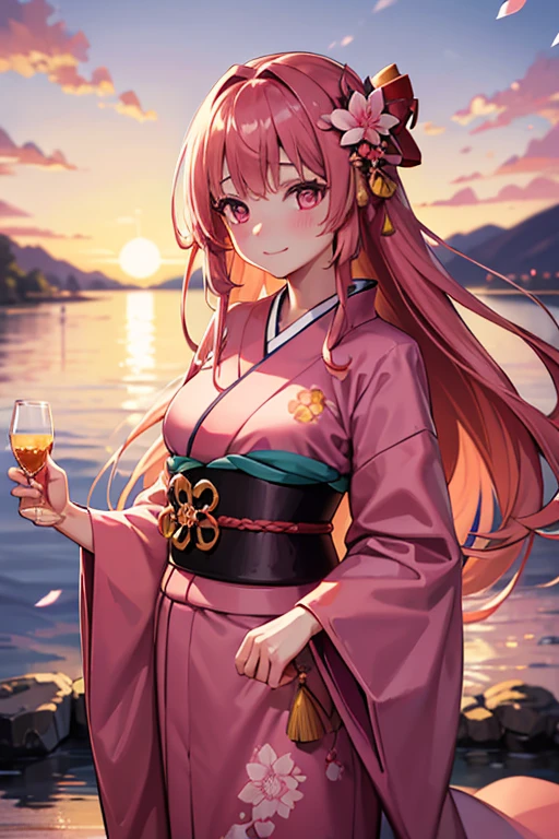 work of art, best qualityer, detailded, (1 girl), standing alone, pink eyes, long hair, chestnut hair, (detailded kimono), drlight smile, medium breasts,  water, sunset, (hair ornament), (Sakura flower), blush, looking ahead at viewer 