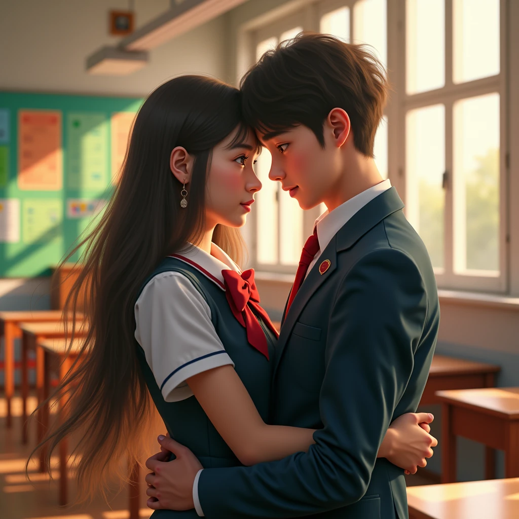 A beautiful teenage girl wearing a school uniform cradle carrying her male professor in her arms in a classroom, photorealistic, detailed facial features, warm studio lighting, cinematic composition, highly detailed, hyper realistic, 8k, masterpiece, wide angle