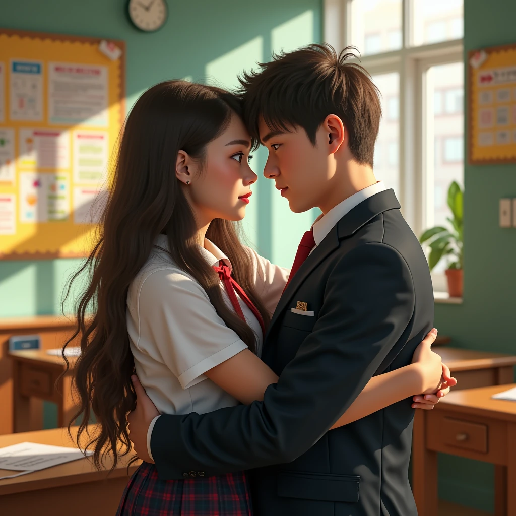 A beautiful teenage girl wearing a school uniform cradle carrying her male professor in her arms in a classroom, photorealistic, detailed facial features, warm studio lighting, cinematic composition, highly detailed, hyper realistic, 8k, masterpiece, wide angle