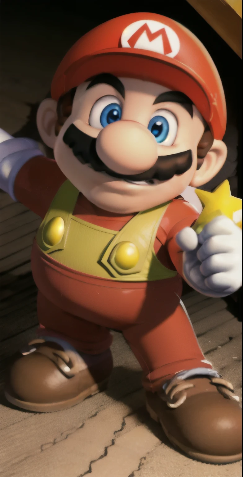 Mario, One extremely muscular man with his upper body bare ,Aura of yellow light all over the body、Full body view、 masterpiece,Ultra-realistic,32K,Highly detailed CG Unity 8k、 wallpaper, Highest quality, ((holding a yellow star in his hand.））