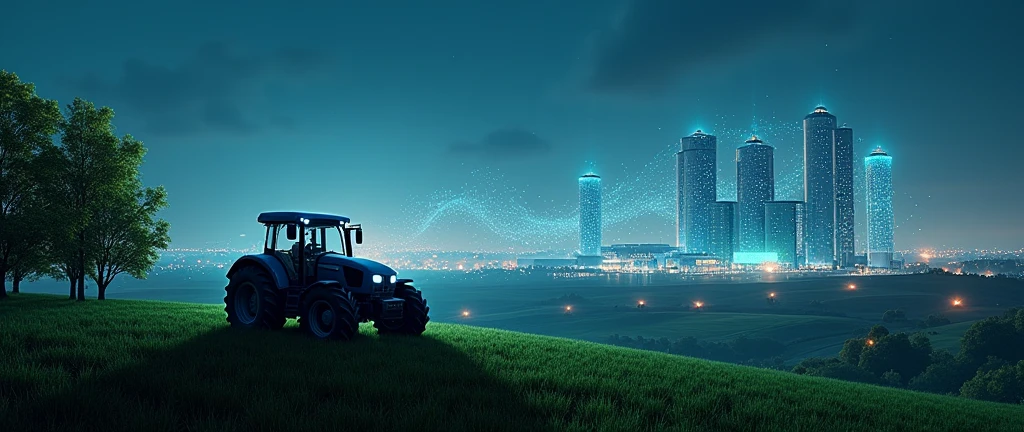 A futuristic landscape combining technology and agriculture. On the sides of the image, a modern tractor is on a hill covered with dense and green trees. Ao fundo, Modern grain silos and warehouses stretch along the horizon, connected by a visible digital network, with data lines and points of light in the night sky. The image shows a fusion between advanced agriculture and a highly technological urban environment. Lights and digital connections appear both in the sky and on the ground, creating an environment of innovation and progress.