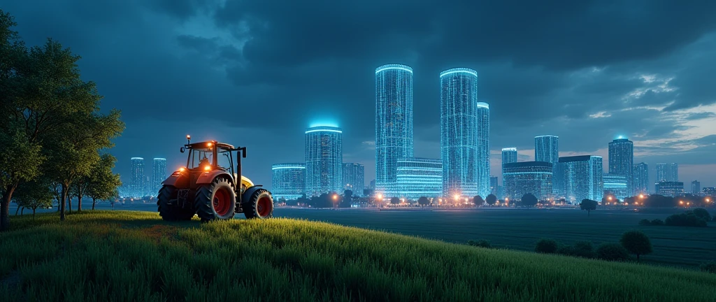 A futuristic landscape combining technology and agriculture. On the sides of the image, a modern tractor is on a hill covered with dense and green trees. Ao fundo, Modern grain silos and warehouses stretch along the horizon, connected by a visible digital network, with data lines and points of light in the night sky. The image shows a fusion between advanced agriculture and a highly technological urban environment. Lights and digital connections appear both in the sky and on the ground, creating an environment of innovation and progress.