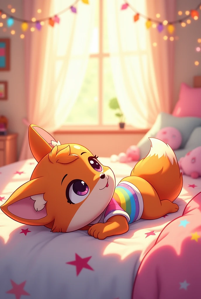 a cartoon 2d anthropomorphic fox girl kid wearing a pink, yellow, and blue gradient shirt laying on her back on top of a bed. She’s pantsless and bottomless. Her underbelly fur and bare bottom is visible.