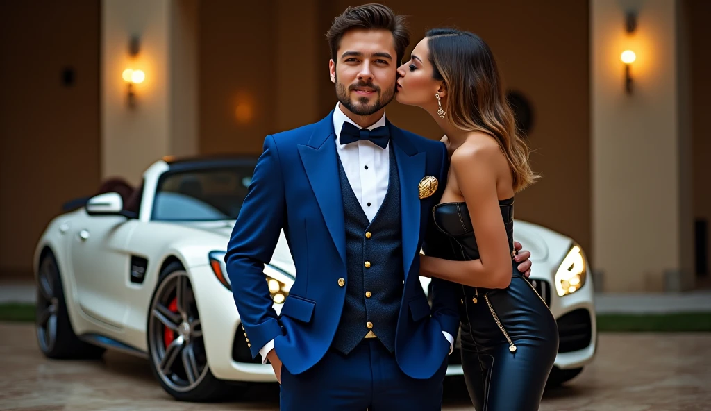 A charismatic young magician, blue formal dress with gold, with jewelry and dollars coming out of his pocket, is standing confidently. Next to you, two stunning women, dressed in sophisticated and minimalist clothes, super sexy both kissing the man's cheek, representing wealth and attraction, showing their entire bodies down to their high heeled feet. Ao fundo, a white MERCEDES BENS car High-end sports cars, like a Porsche are featured, highlighting a life of wealth and luxury. The scene captures the essence of magical opulence and financial success., with each element emphasizing ultra-royal wealth and prestige, money, wealth, might, dollars, gold