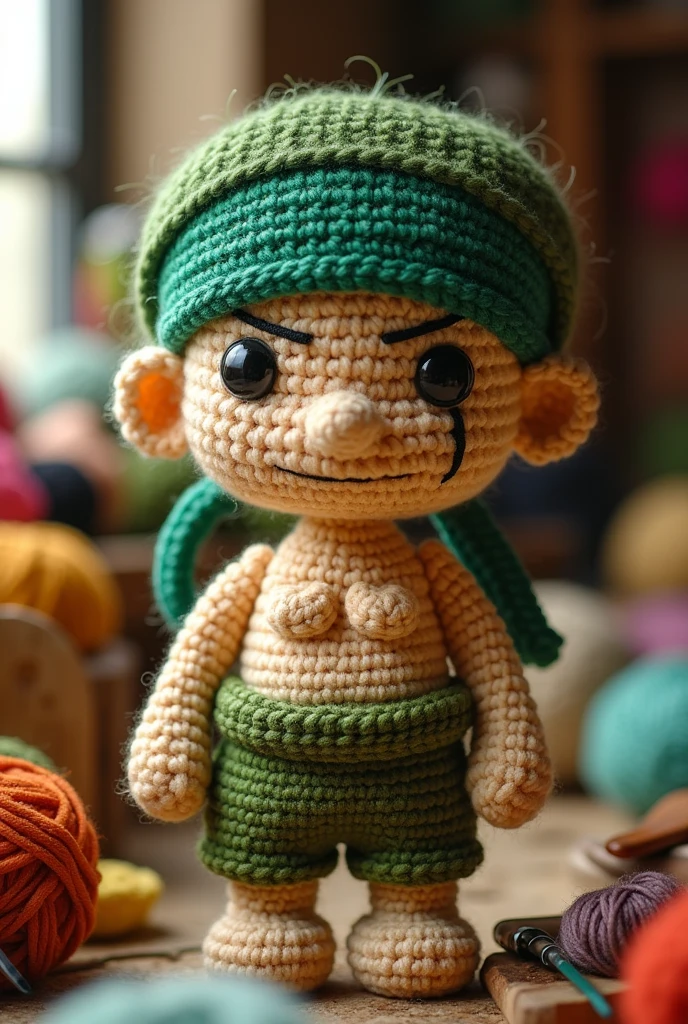 Zoro amigurumi, the head with the scar on the eye