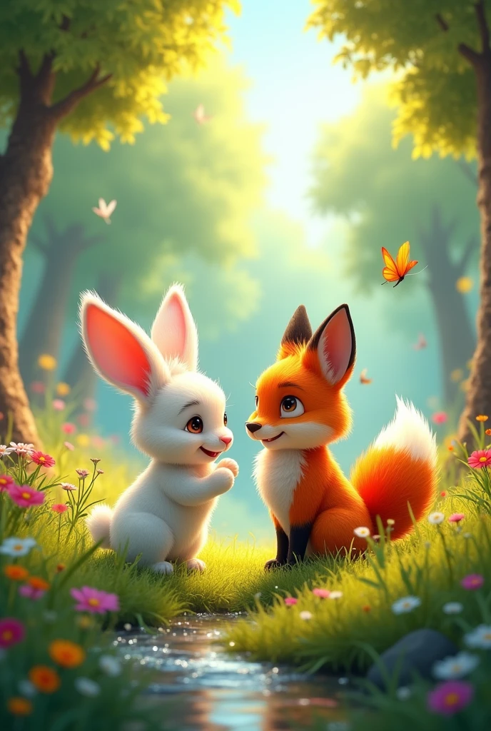 Create a Pixar-style image of a rabbit and a fox 