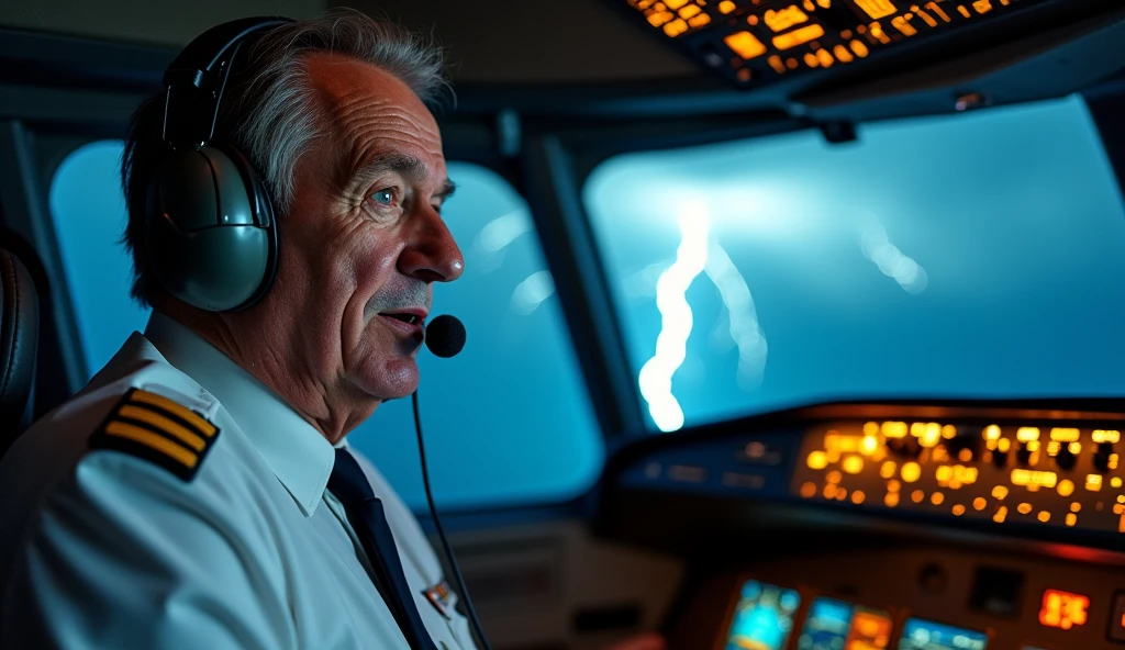 Create an image of 50 year old captain wearing his airline pilot unifrom , wearing his aviation headset and in a bit tensend situation and making a mayday call and also depict the captain's face with a mix of fear and determination as he makes the distress call