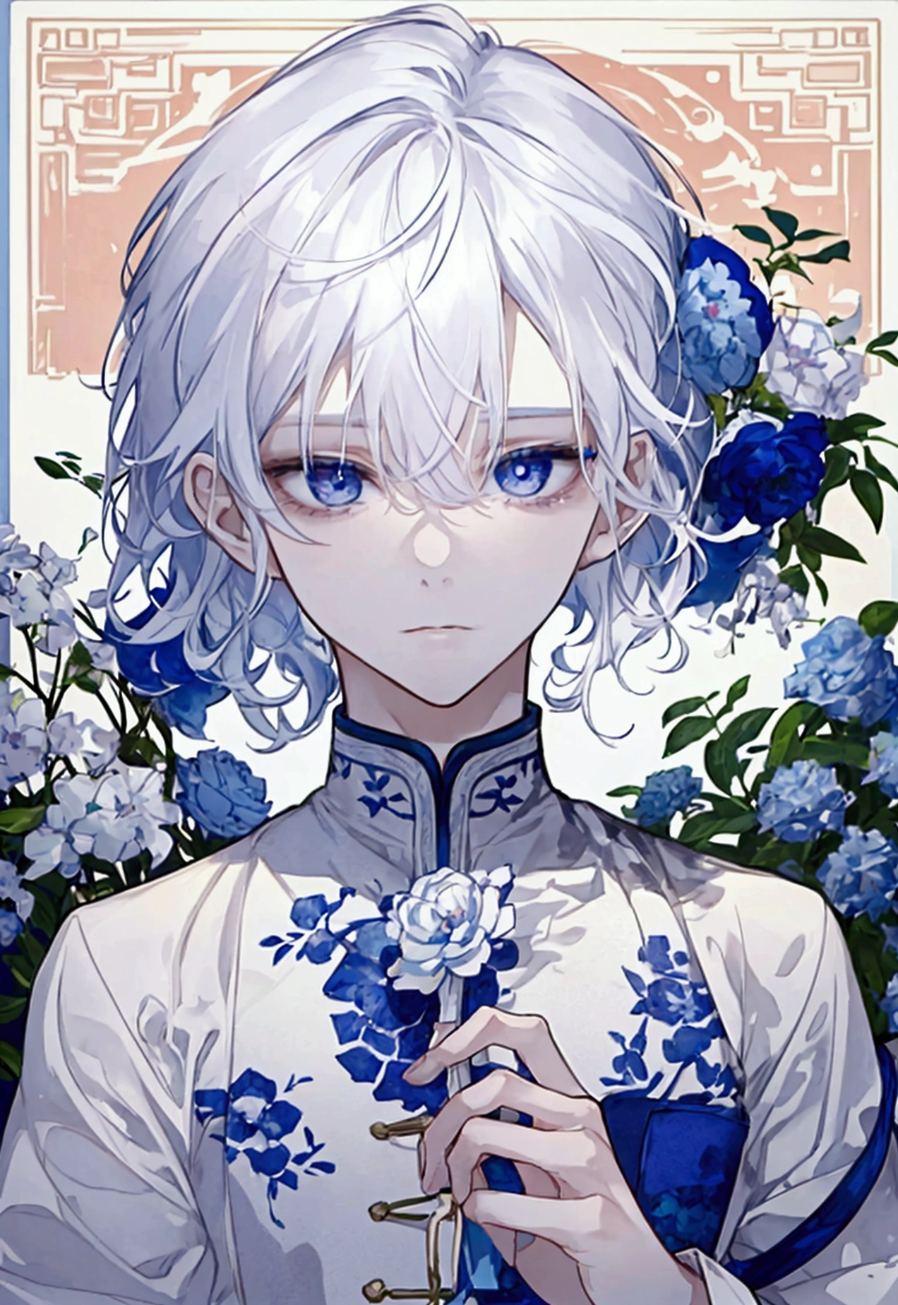 male, curled like white hair, Medium length,               Periwinkle eyes, similar to twink build, Porcelain skin