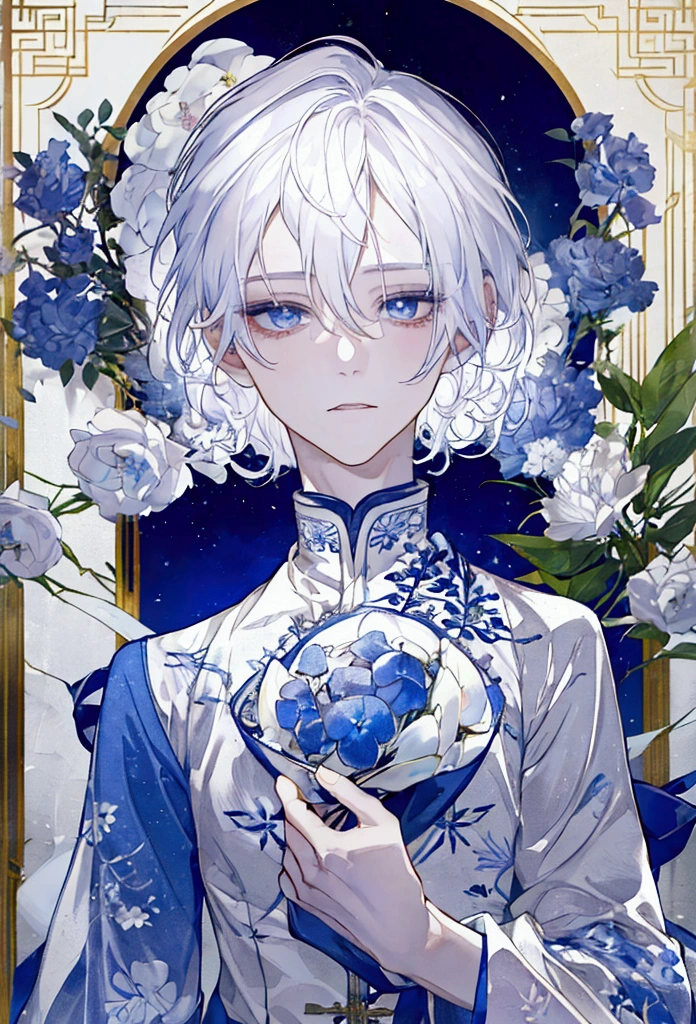 male, curled like white hair, Medium length, Periwinkle eyes, similar to twink build, Porcelain skin