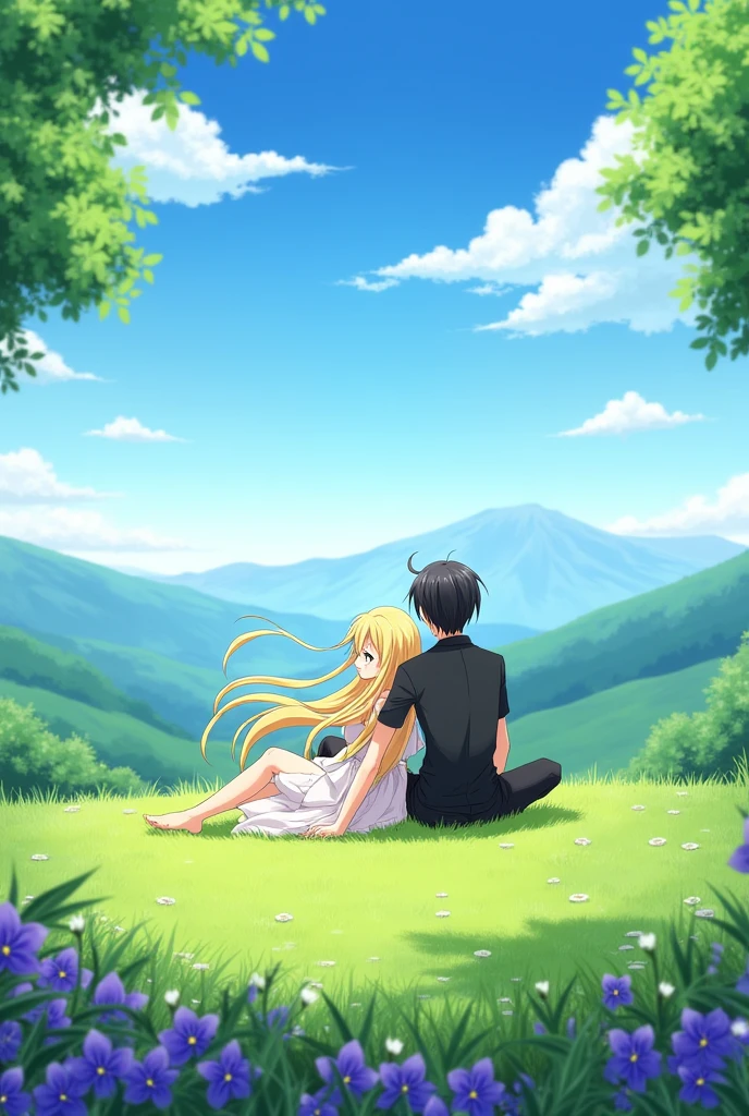 Create an image of a female anime character with blonde hair sitting on the grass next to a male character with black hair, seen from the back, with purple flowers around and with a beautiful landscape around