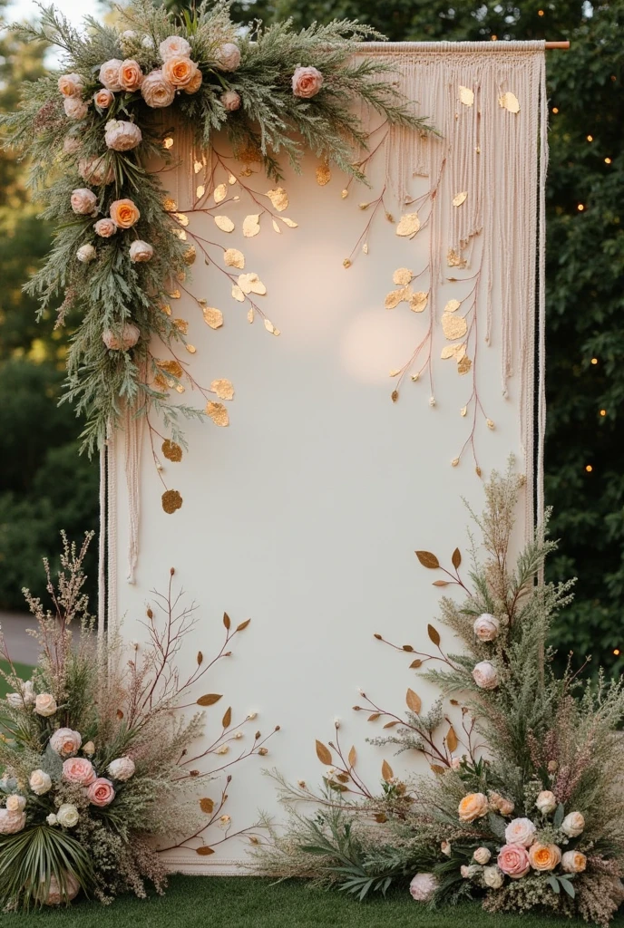 Make a decorative panel for people to take photos at the wedding with gold leaves, arte boho