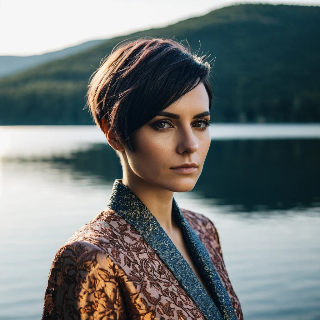 portrait of skswoman, nervous , wearing luxury fabrics , with Asymmetrical haircut , background lake epic (photo, studio lighting, hard light, sony a7, 50 mm, matte skin, pores, colors, hyperdetailed, hyperrealistic