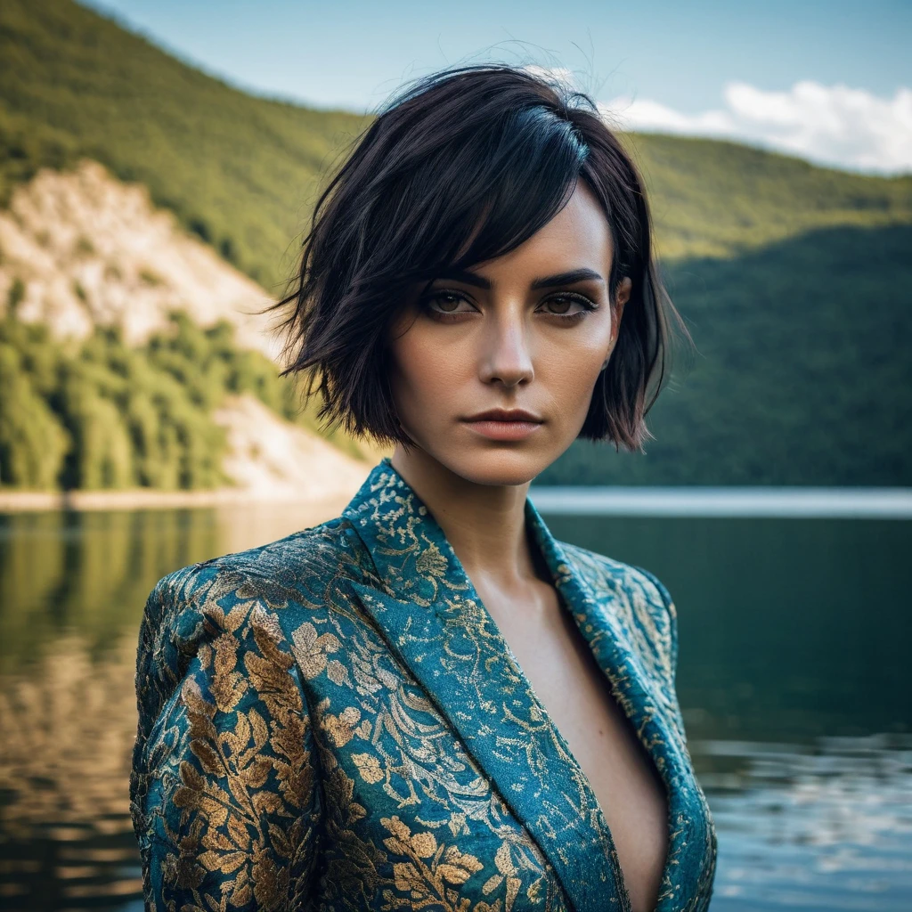 portrait of skswoman, nervous , wearing luxury fabrics , with Asymmetrical haircut , background lake epic (photo, studio lighting, hard light, sony a7, 50 mm, matte skin, pores, colors, hyperdetailed, hyperrealistic