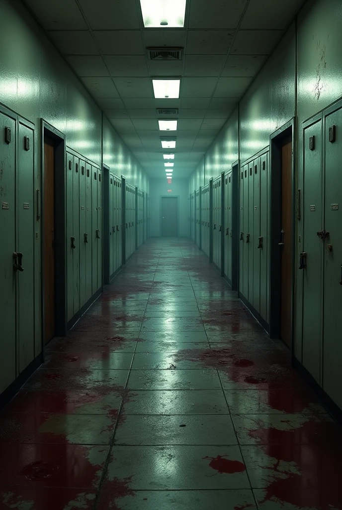 create a floor plan image of an empty university corridor, with university doors and cabinets, long corridor with rooms on the sides, forlorn, tenebrosa, dirty and messy with bloodstains on the floor