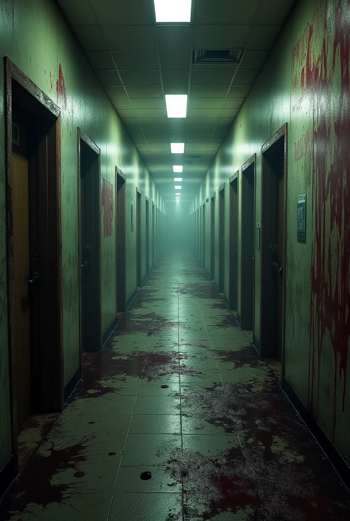create a floor plan image of an empty university corridor, with university doors and cabinets, long corridor with rooms on the sides, forlorn, tenebrosa, dirty and messy with bloodstains on the floor
