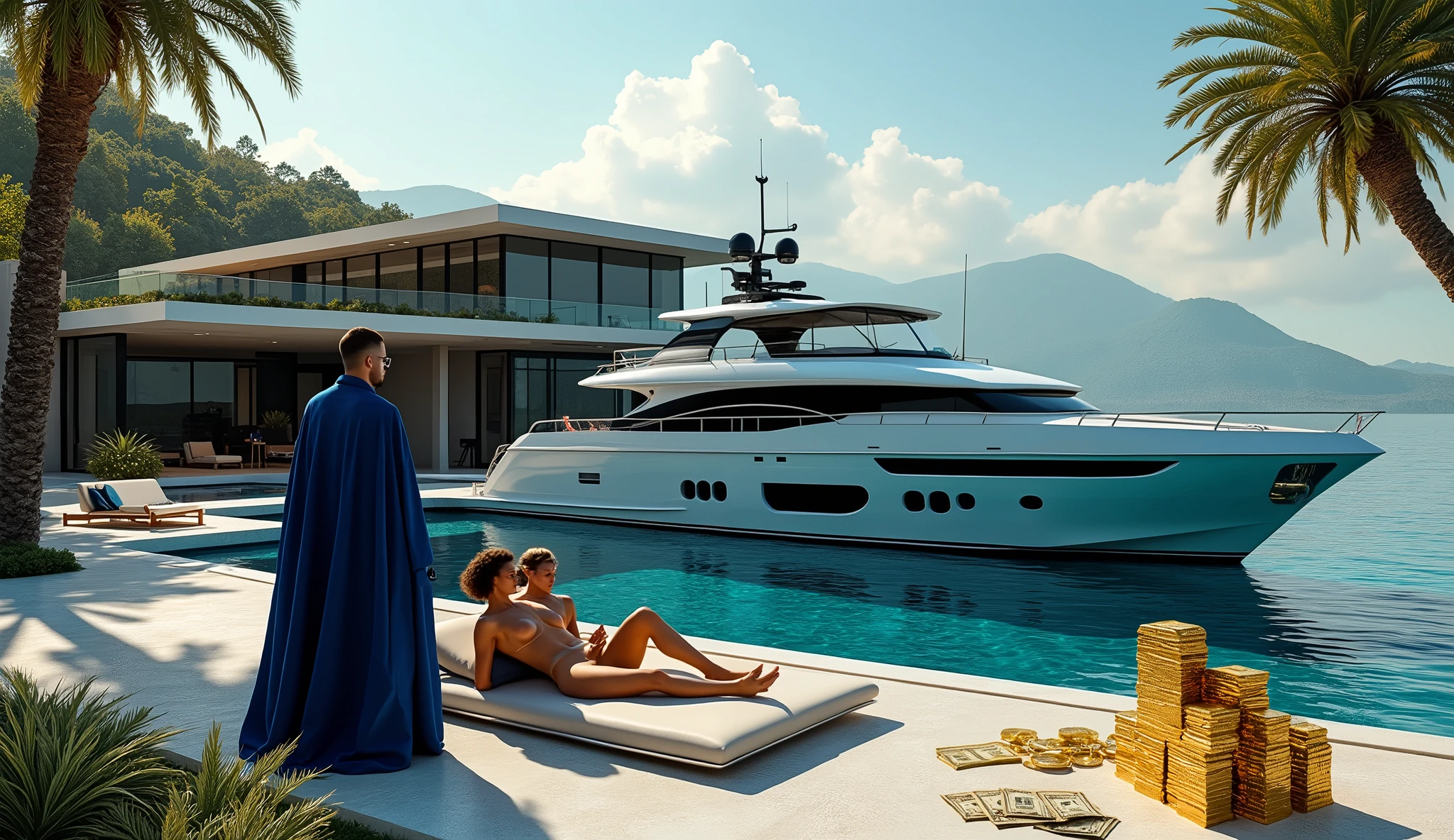 CREATE AN ULTRAREALISTIC IMAGE showing off your yacht, with an executive man dressed in blue with a wizard&#39;s cloak, baldie, with women lying down sunbathing, LINDA PARKED NEXT TO GOLD BARS and dollars next to it, rubies and emeralds, convey depth, IN THE BACKGROUND A BEAUTIFUL MANSION with modern architecture, WITH 2 elegant WOMEN with sinuous curves and dressed in long dresses NEXT TO THE BMW A HANDSOME YOUNG WIZARD IN BLUE CLOTHES AND FULL OF JEWELS, PERFECT WIZARD HANDS WITH 5 FINGERS. Emphasize richness and sensuality, show a lake next to it with yacht