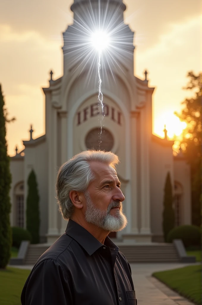 Man with a white aura on his head , very wise , hair grey, little beard and behind him his new church called the Church of Faith Eduardona of the Last Days, I need the church containing at least your initials , IFEDUI