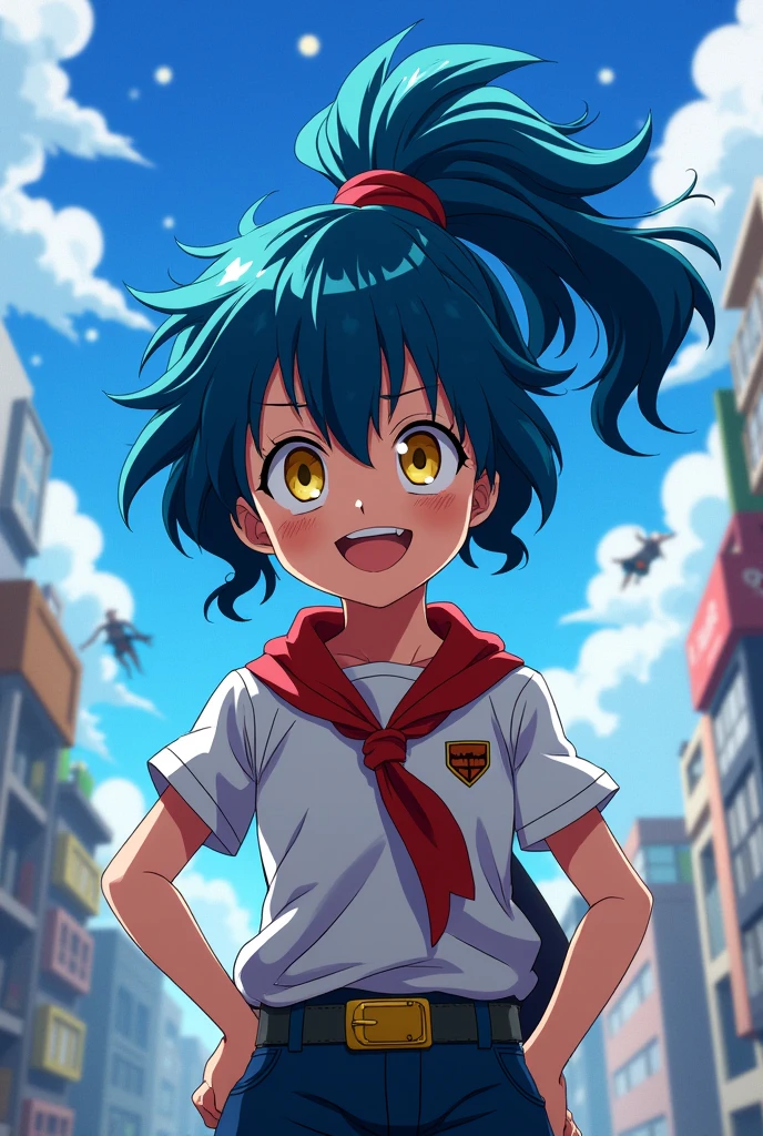 Screenshot of my hero academia.
15 year old girl; celestial hair tied in a high ponytail, his hair is short and simulates spikes, It has a fringe. His eyes are yellow. White skin, a scar over his right eye and a big smile.
