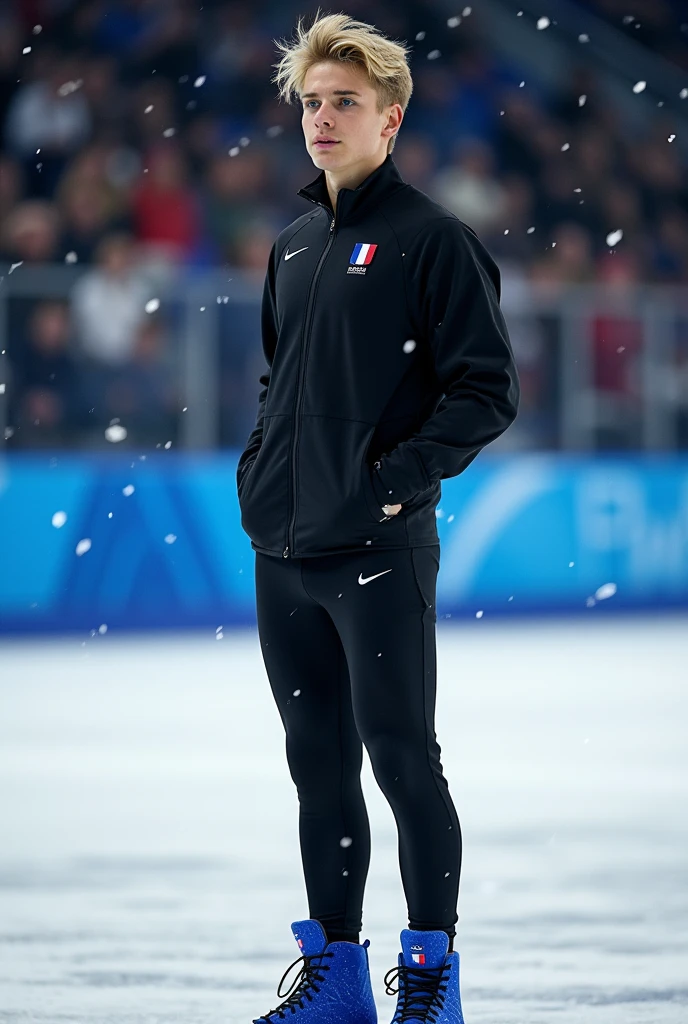 Draw a French national ice skating coach, with blond hair and blue eyes,wearing a coach's outfit and blue ice skates,pele caucasiana,young adult male 