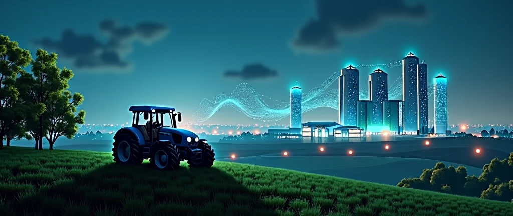 A futuristic landscape combining technology and agriculture. On the sides of the image, a modern tractor is on a hill covered with dense and green trees. Ao fundo, Modern grain silos and warehouses stretch along the horizon, connected by a visible digital network, with data lines and points of light in the night sky. The image shows a fusion between advanced agriculture and a highly technological urban environment. Lights and digital connections appear both in the sky and on the ground, creating an environment of innovation and progress.