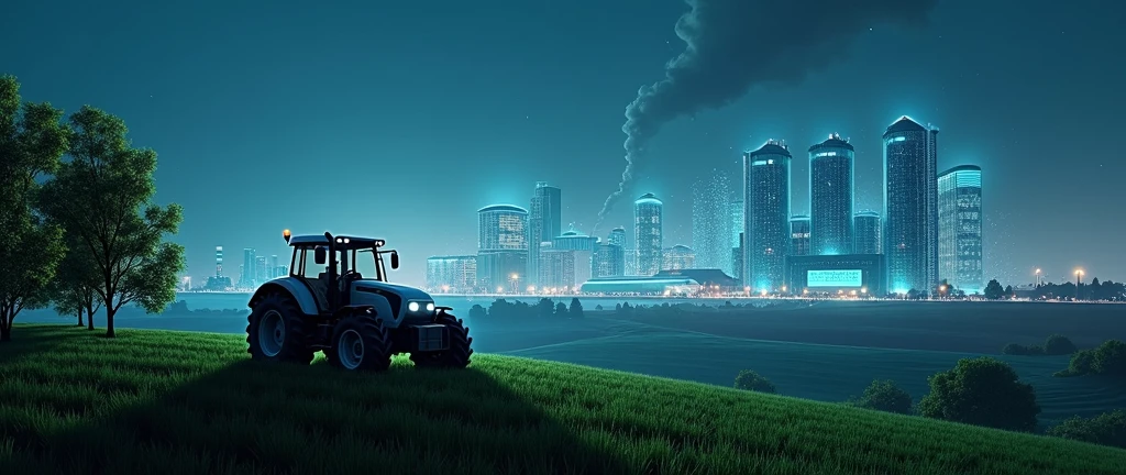 A futuristic landscape combining technology and agriculture. On the sides of the image, a modern tractor is on a hill covered with dense and green trees. Ao fundo, Modern grain silos and warehouses stretch along the horizon, connected by a visible digital network, with data lines and points of light in the night sky. The image shows a fusion between advanced agriculture and a highly technological urban environment. Lights and digital connections appear both in the sky and on the ground, creating an environment of innovation and progress.