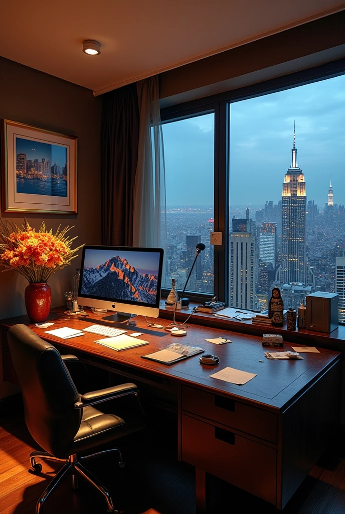 Create me a really cool office in my penthouse in New York with the iMac on the desk It should be very luxurious, modern and poorly maintained 1/2 flowers at the end and then a few pictures and then a really beautiful view of the New York skyline