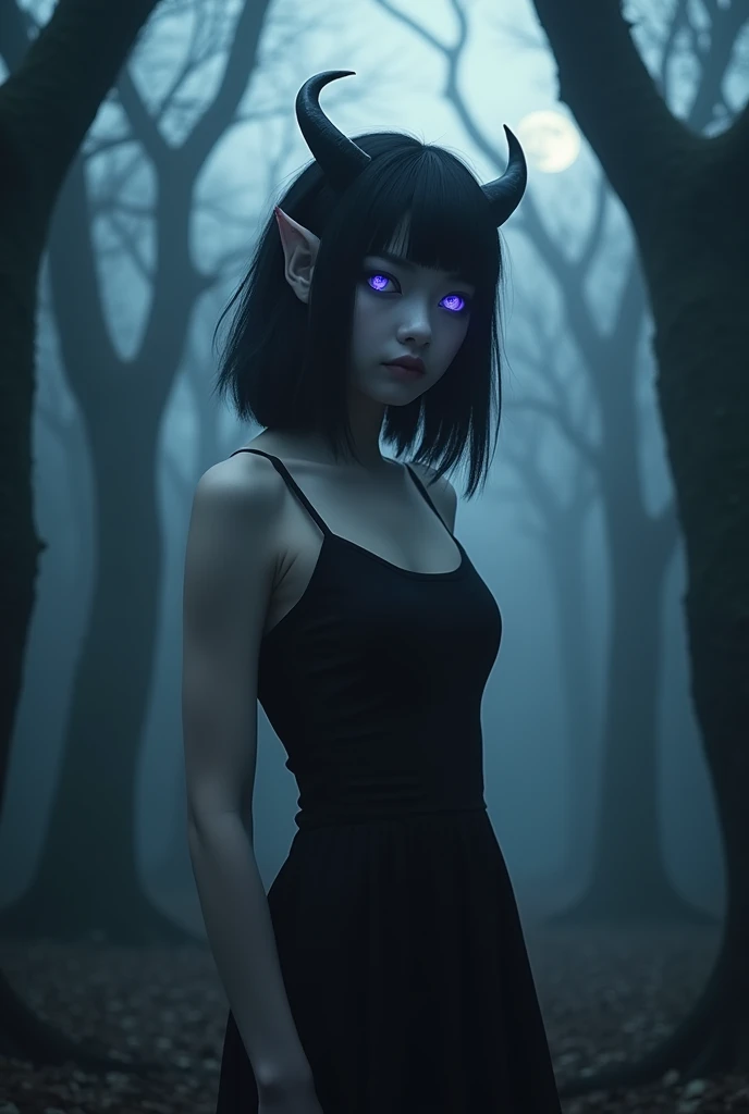Young and beautiful demon woman, skin as white as paper, glowing purple eyes, black hair in an inverted bob, small white horns, big breasts, pointy ears, wearing a little black dress, black eyeliner. In a haunted forest. Nsfw, perfect face.