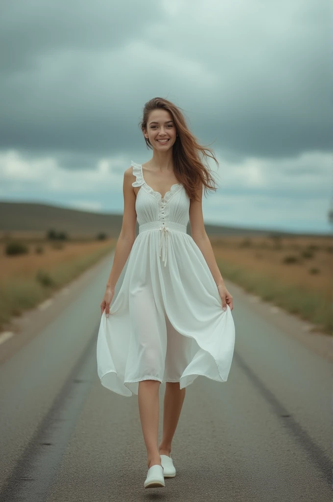 Short Skinny young lady walking on road worn short length white frock with white shoes walking on road with a cute smile in a cool climate which is like before rain.