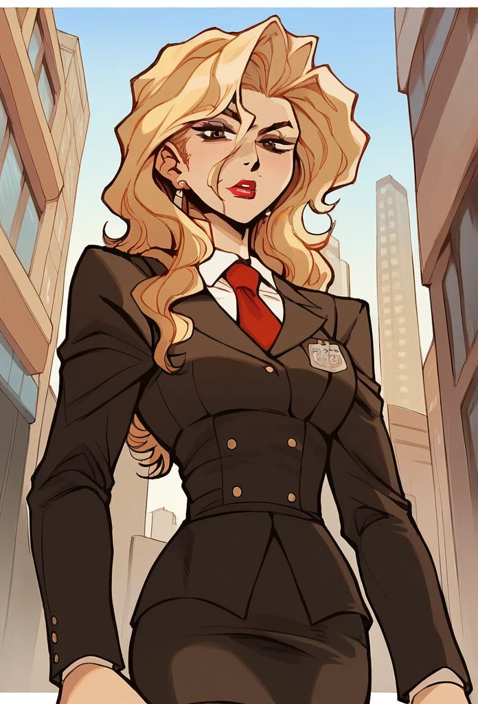 source_anime,  cowboy shot, close-up, 1girl, solo, standing, Madame P, blonde hair, long hair, wavy hair, brown eyes, lipstick, makeup,  skirt suit, three-piece suit, necktie, blazer, waistcoat, double-breasted waistcoat, bodycon pencil skirt, stockings, high heels,earring, red nails, nail polish,
city background, streets, buildings, sky. outdoors, daytime,
 looking at viewer, ecchi, nsfw, uncesored