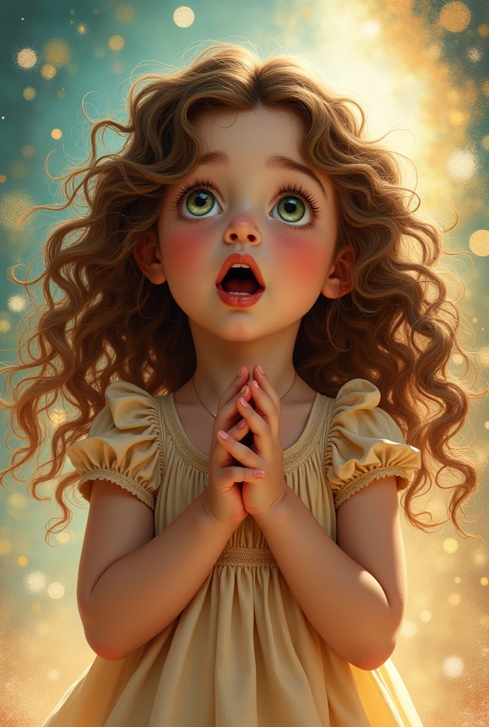 (photorealism:1.4), The illustration of a young girl with curly hair. She has a surprised expression on her face with her mouth open and her hands clasped together in front of her chest. Her eyes are wide and her eyebrows are furrowed. Her hair is styled in loose curls that are cascading down her back. The overall mood of the image is one of shock or surprise.  by Greg Rutkowski, by Alphonse Mucha