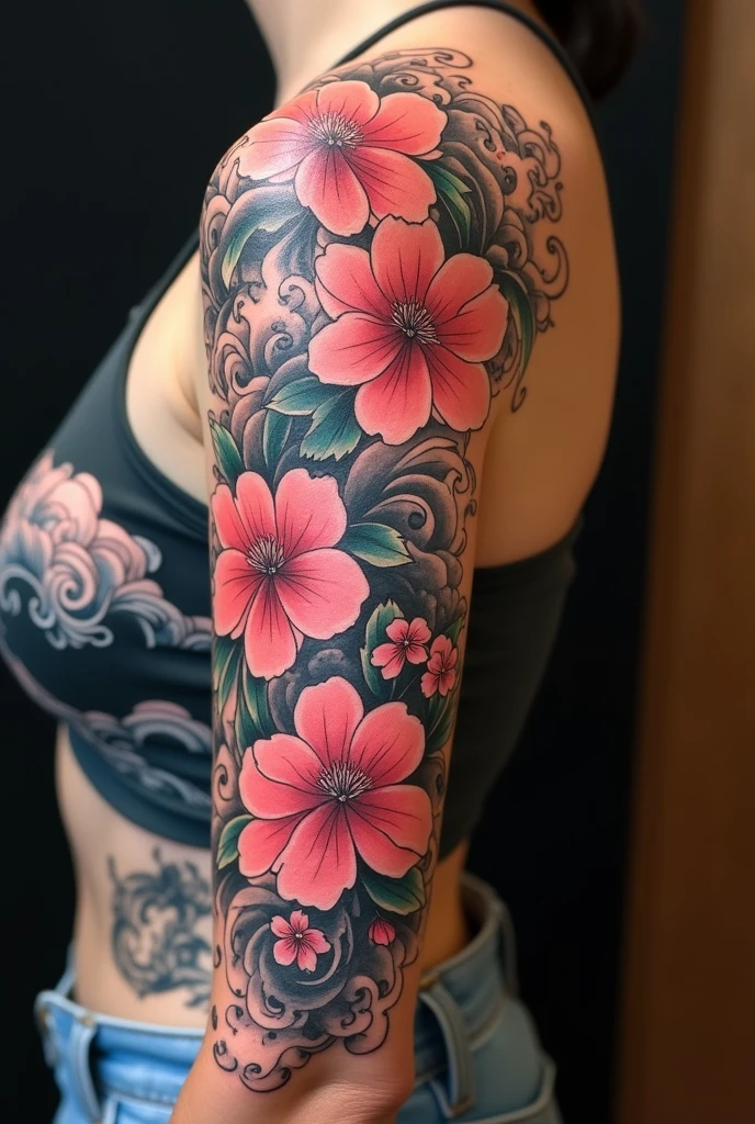 Create Japanese style tattoo, thick lines for women, that contains flowers and is for the left arm