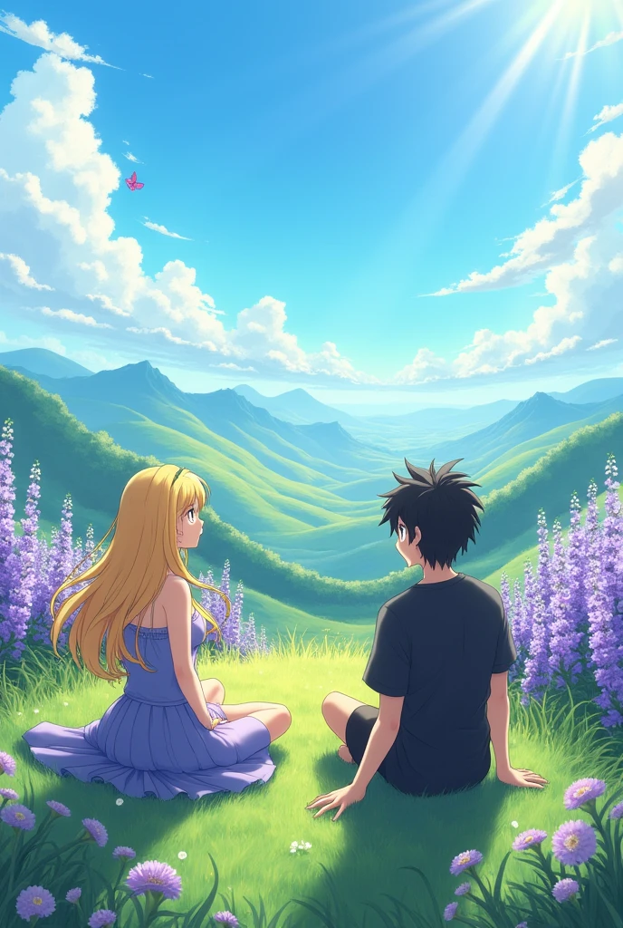 Create an image of a female anime character with blonde hair sitting on the grass next to a male character with black hair, seen from the back, with purple flowers around and with a beautiful landscape around