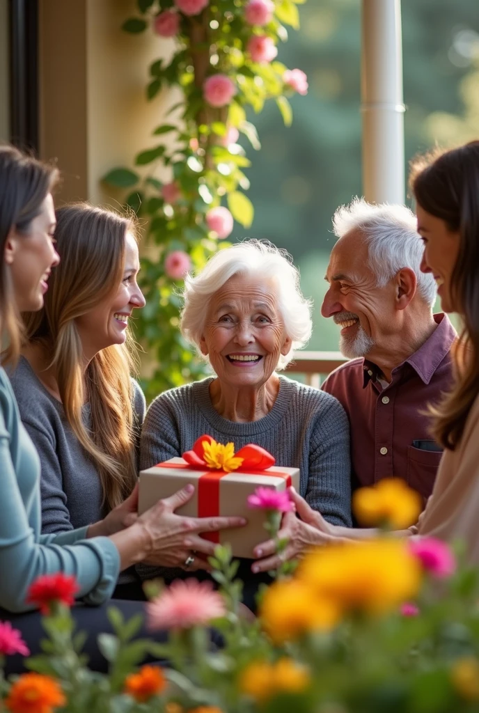 Neighbors giving a gift to an elderly lady belonging to the neighborhood