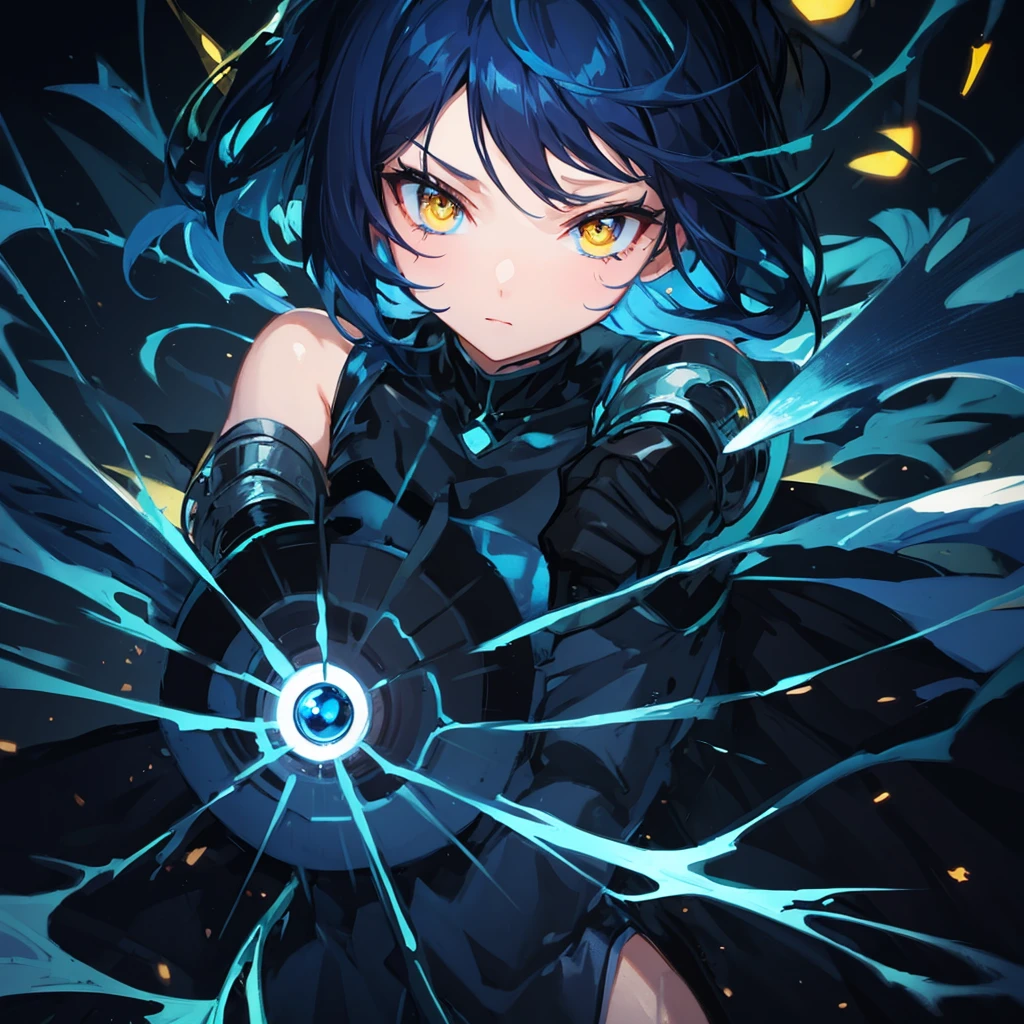 Dark blue hair, yellow eyes, pretty girl, aura