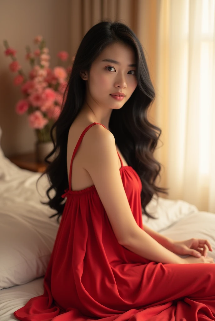 A beautiful Indonesian woman with a cute face, fair skin, and long black flowing hair, wearing a red nightgown, is in a bedroom with a morning atmosphere.