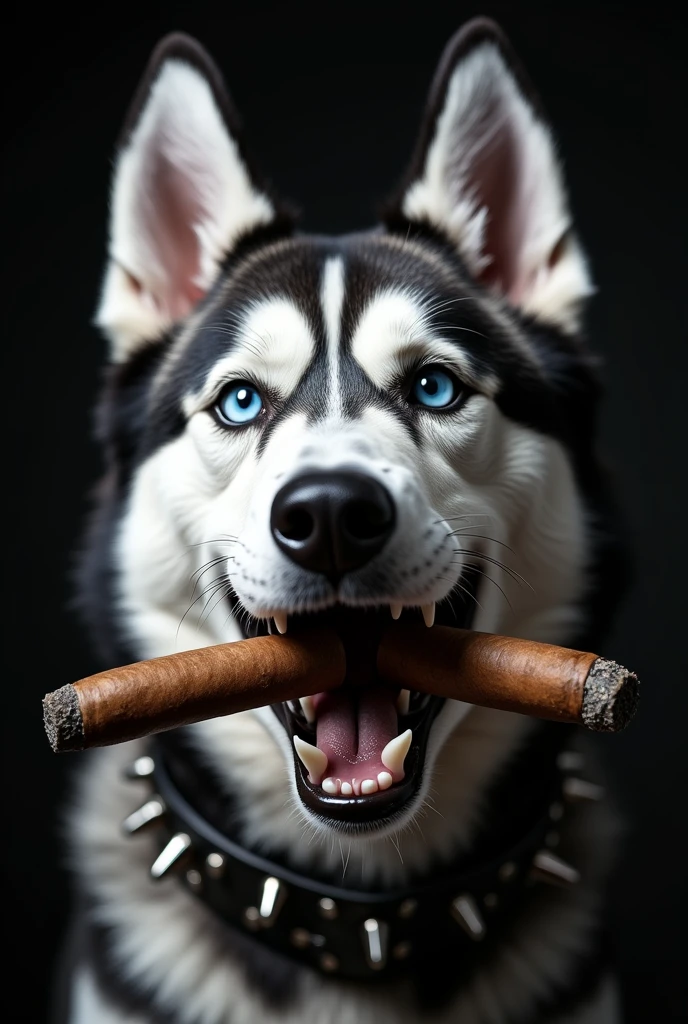 me high resolution, siberian husky, dog face, with teeth on a collar, ears up, teeth visible, cigar in mouth, angry, black and white,
