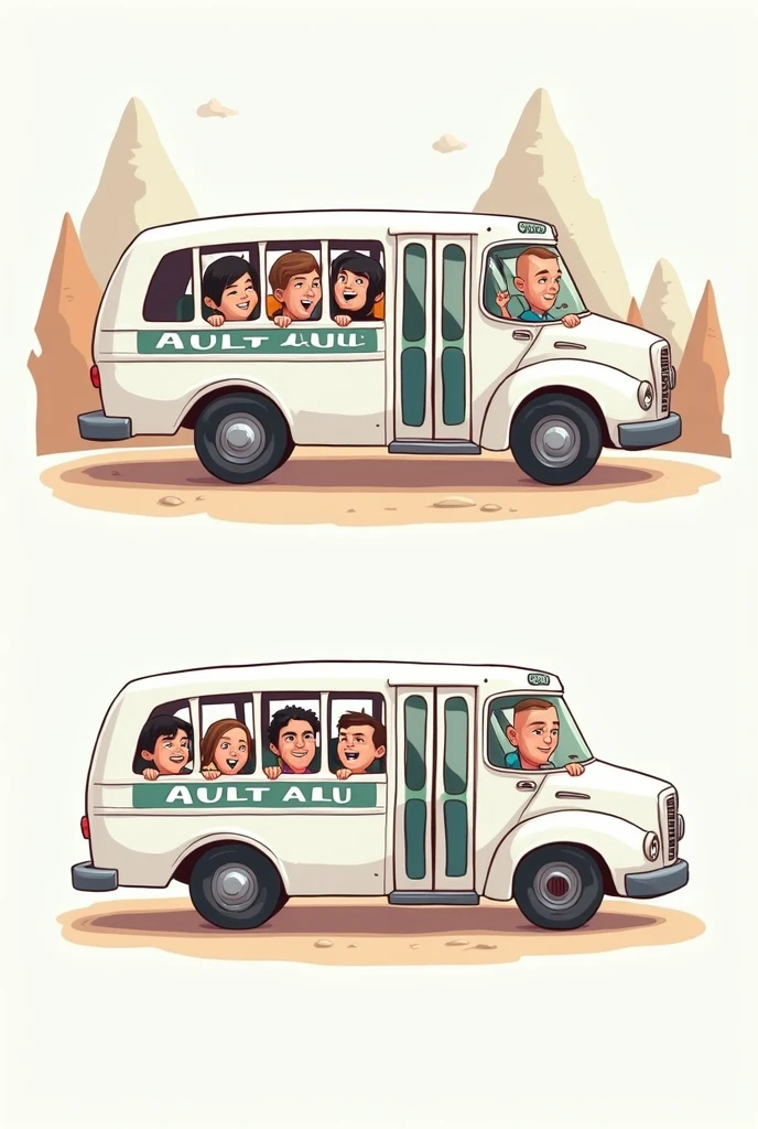 create an image of a bus in a style more like a travel company, It can be in a funny style and in 2d drawing, but it can be a simple drawing without many details. You can make the bus white and with adults instead of children., It can be a drawing with 6 adults only, and it should be a drawing with 2D lines. The bus can contain the word ALU, The drawing needs to remember that the main detail is the bus., no outlined drawing style, IT HAS TO BE A BUS, You can use the same drawing but just remove the people inside it and leave it empty