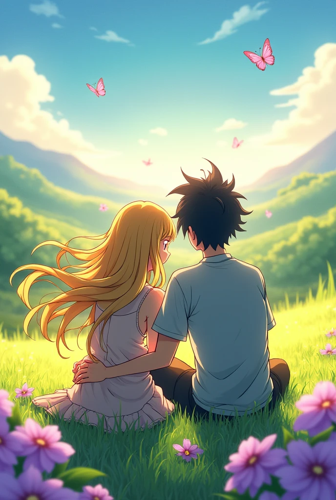Create an image of a female anime character with blonde hair sitting on the grass next to a male character with black hair, seen from the back, with purple flowers around and with a beautiful landscape around