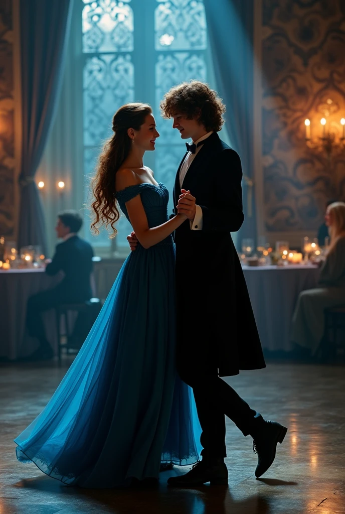 young Newt scamander dancing with a girl with wavy brown hair in a blue dress, dark atmosphere 