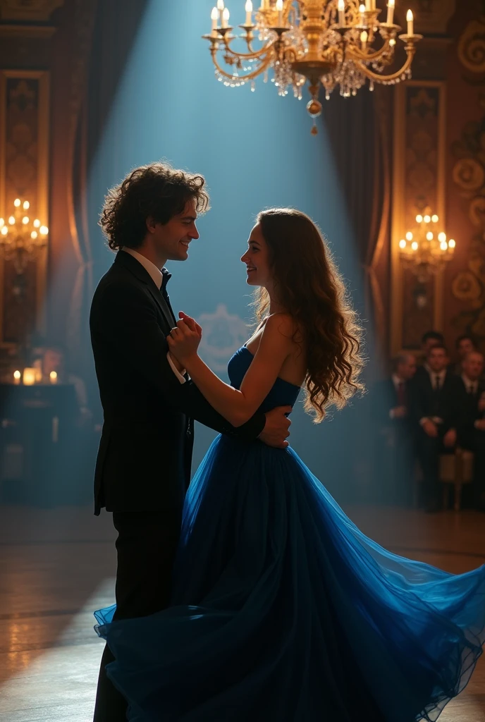 young Newt scamander dancing with a girl with wavy brown hair in a blue dress, dark atmosphere
