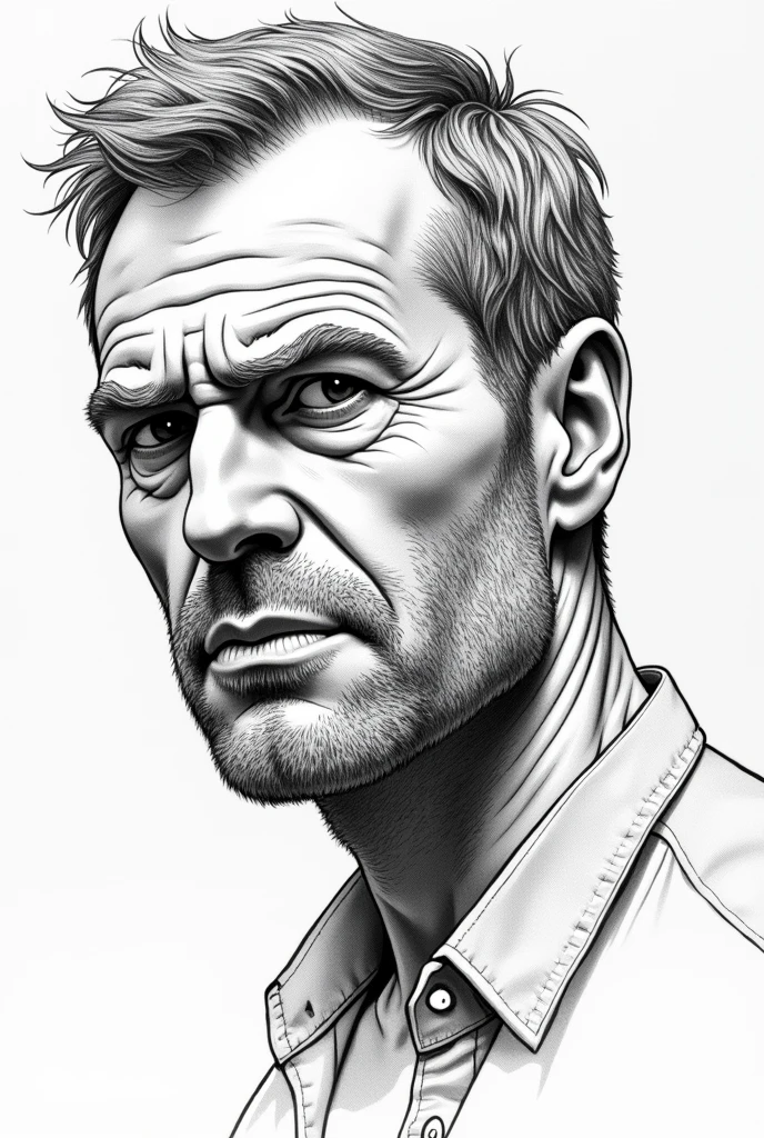 Black and white line drawing **Close up (Close-up):** The man furrowed his brow and asked in a stern voice.