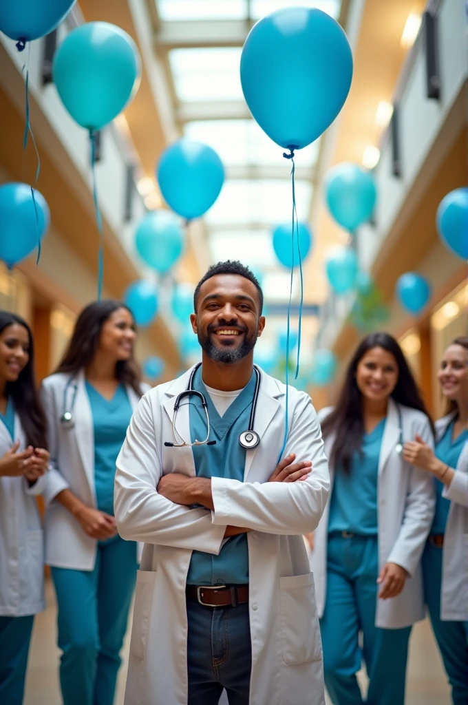 I need an image about Doctor's Day in Spanish with mixed race people and people of all races