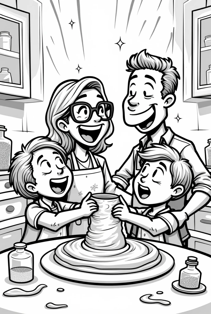 I want a black and white cartoon comic book to color that represents a slime experiment being done by parents and their children on a fun day