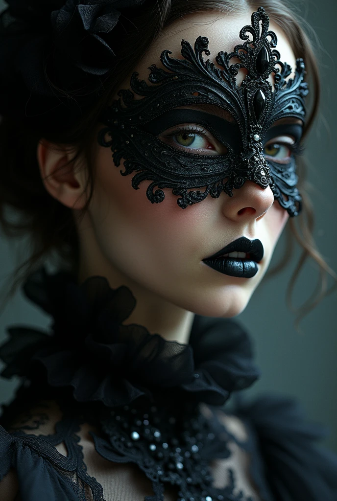 a close up of a woman wearing a mask, dreamy gothic girl, vampyre, elegant render, face picture, mistress, photoshop rendering, ebony rococo, elegant girl, female spy, haunting a beautiful young woman, Lugar sombrio,face detailed, extravagant dress, pretty girl, very feminine, dark mist atmosphere, ambient dust,estilo wallpapper,sweaty face,detailed pores,merely elegant