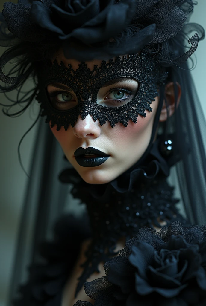 a close up of a woman wearing a mask, dreamy gothic girl, vampyre, elegant render, face picture, mistress, photoshop rendering, ebony rococo, elegant girl, female spy, haunting a beautiful young woman, Lugar sombrio,face detailed, extravagant dress, pretty girl, very feminine, dark mist atmosphere, ambient dust,estilo wallpapper,sweaty face,detailed pores,merely elegant