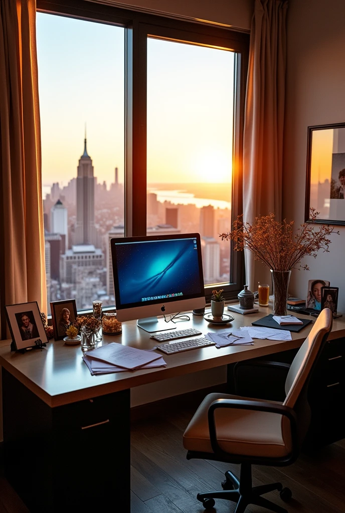 Create me a really cool office in my penthouse in New York with the iMac on the desk It should be very luxurious, modern and poorly maintained 1/2 flowers at the end and a few more pictures and then a really nice view of the New York skyline at the end even until modern, but otherwise good