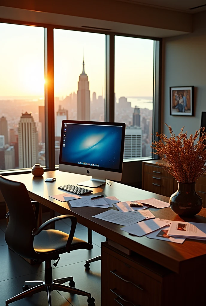 Create me a really cool office in my penthouse in New York with the iMac on the desk It should be very luxurious, modern and poorly maintained 1/2 flowers at the end and a few more pictures and then a really nice view of the New York skyline at the end even until modern, but otherwise good