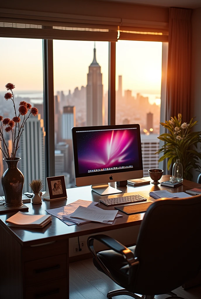 Create me a really cool office in my penthouse in New York with the iMac on the desk It should be very luxurious, modern and poorly maintained 1/2 flowers at the end and a few more pictures and then a really nice view of the New York skyline at the end even until modern, but otherwise good